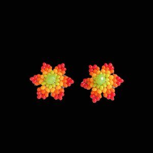 Handmade Chaquira Beaded Flower Stud Earrings Red Orange Yellow Green Multicolor